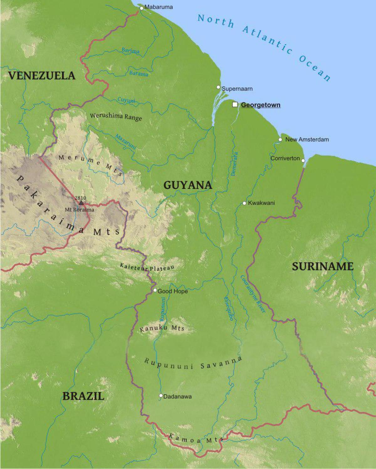 peta Guyana menunjukkan rendah pantai plain