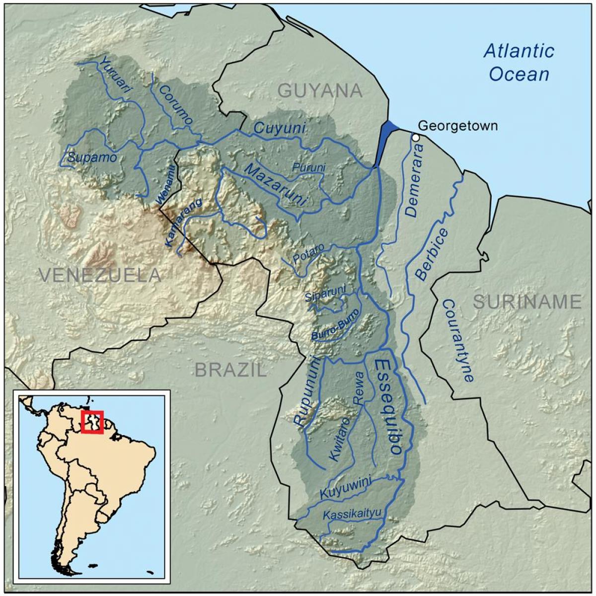 peta Guyana menunjukkan tiga sungai utama